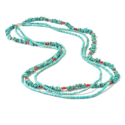 14K Gold 36" Turquoise & Bamboo Coral Triple Strand Necklace