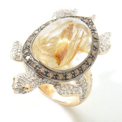 14K Gold Rutilated Quartz & Champagne / White Diamond Turtle Ring