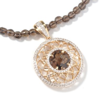 14K Gold Smoky Quartz & Diamond Pendant w/ Bead Necklace