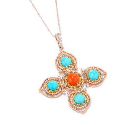 14K Rose Gold Turquoise, Coral & Diamond Pendant w/ Chain