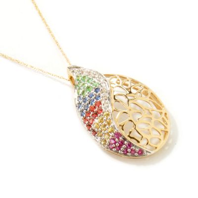 14K Gold Multi-Sapphire & Tsavorite Pendant w/ Chain