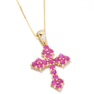 14K Gold Hot Pink Sapphire & Diamond Cross w/ Chain