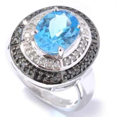 14K White Gold Blue Topaz & Black / White Diamond Ring