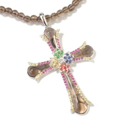 14K White Gold Smoky Quartz, Multi-Sapphire & Tsavorite Cross w/ Necklace