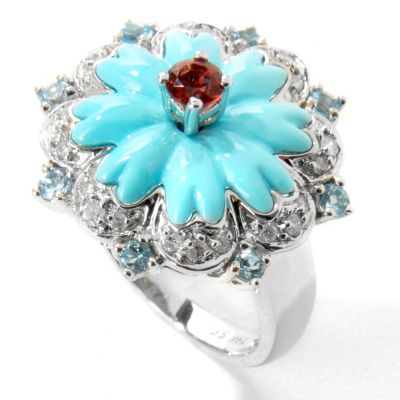 14K White Gold Turquoise, Multi-Gemstone & Diamond Flower Ring