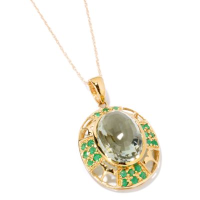 14K Gold Green Amethyst & Emerald Pendant w/ Chain