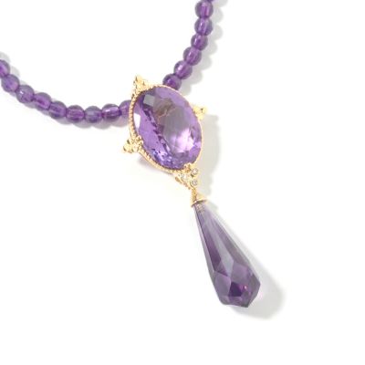 I8816 - 14K Gold 18"Amethyst, Crystal or Smoky Quartz & Diamond Pendant w/ Strand