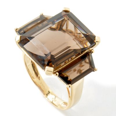 14K Gold Three Stone Elongated Smoky Quartz Ring