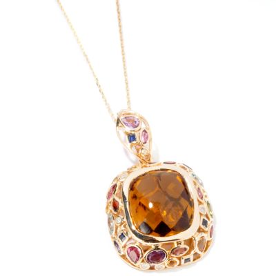 I8856 - 14K Gold Cognac Quartz, Multi-Gemstone & Diamond Enhancer w/ Chain