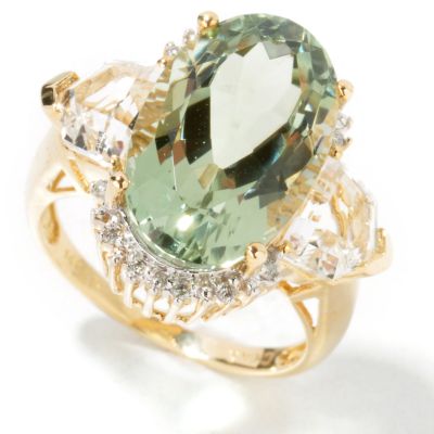 14K Gold Green Amethyst, White Topaz & White Diamond Ring