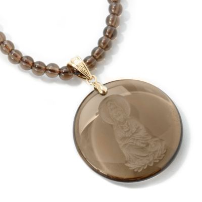 I8938 - 14K Gold 18" Crystal or Smoky Quartz Engraved Goddess Drop Necklace