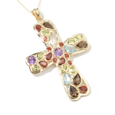 I8981 - 14K Gold Multi-Gemstone Cross Pendant w/ Chain