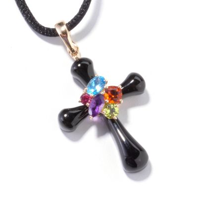 I9068 - 14K Gold Onyx & Multi-Gemstone Cross Enhancer w/ Silk Cord 