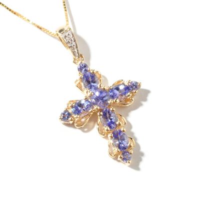 I9166 - 14K Gold Blue Tanzanite & Diamond Cross Pendant w/ 18" Chain