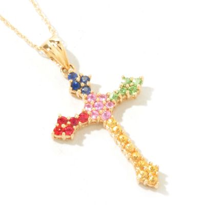 I9208 - 14K Gold Multi-Color Sapphire & Tsavorite Cross Pendant w/ 18" Chain