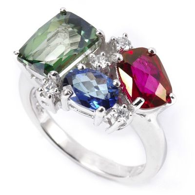 Sterling SilverPlatinum Zircon & Blue, Green, & Red Colored Topaz Ring