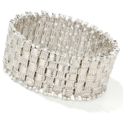 7.25" Rhodium-Plated Clear Crystal Trim Basket Weave Stretch Bracelet
