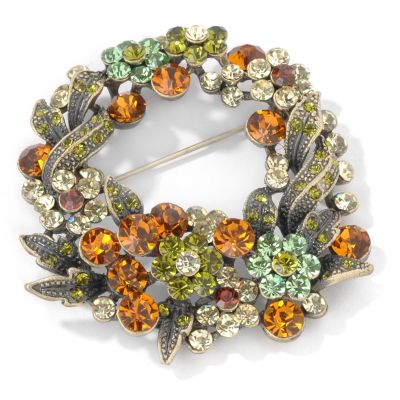 Multi-Color Crystal Antiqued Finish Flower Wreath Brooch
