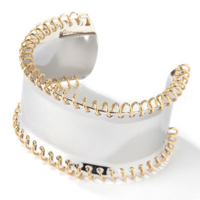 Stainless Steel 18K YG Plated Curved Stitching Cuff Bangle Bracelet