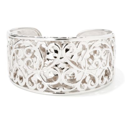 J143648 - Sterling Silver 7.5" Swirl Heart Textured Back Plate Wide Cuff Bracelet