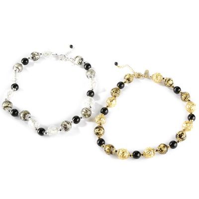 18" BlackGold or BlackSilver Murano Glass Venetian Renaissance Necklace w 2" Extender