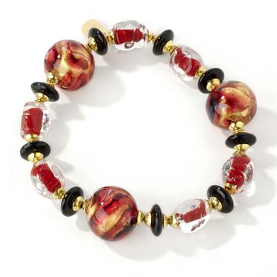 7" Ruby & Black Murano Glass Stretch Bracelet