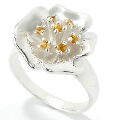 Silver Citrine Accent Flower Ring