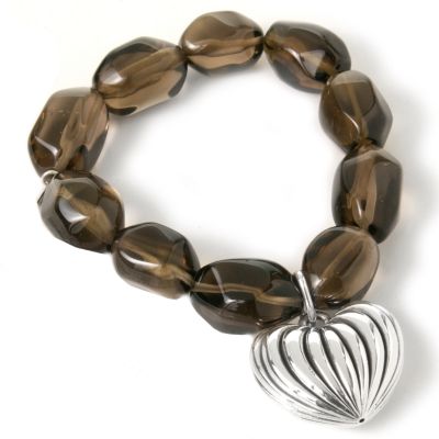 Silver 6" Smoky Quartz Artform Heart Charm Stretch Bracelet