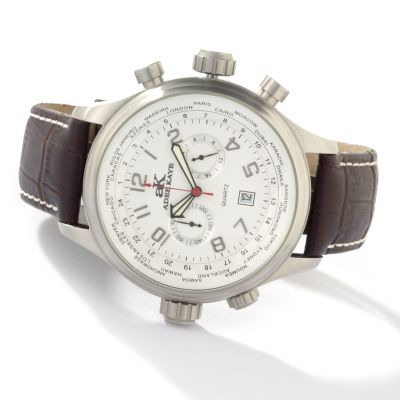 Adee Kaye Men's World Timer Leather Strap Watch