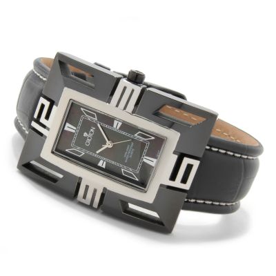 Croton Men's Black Ionic Plated Stainless Steel Leather Strap Watch