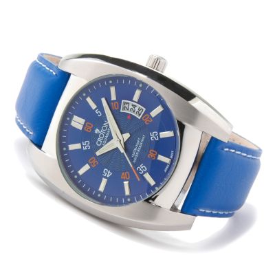 J176013 - Croton Men's Aquamatic Quartz Stainless Steel Genuine Leather Strap Watch