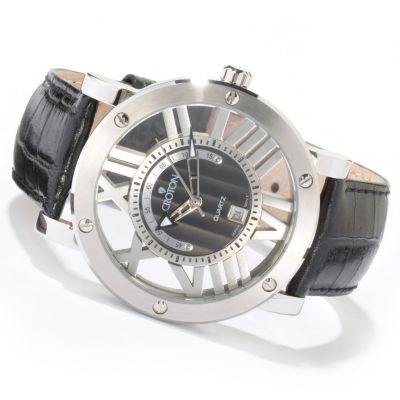 J176832 - Croton Men's Roman Numeral Cut-Out Stainless Steel Leather Strap Watch