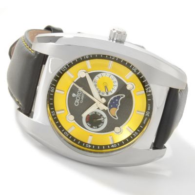 Croton Men's Calendar & Moon Phase Stainless Steel Leather Strap Watch