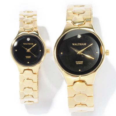 J177321 - Waltham Men's & Women's Set of Two Diamond Accent Gold-tone Bracelet Watches