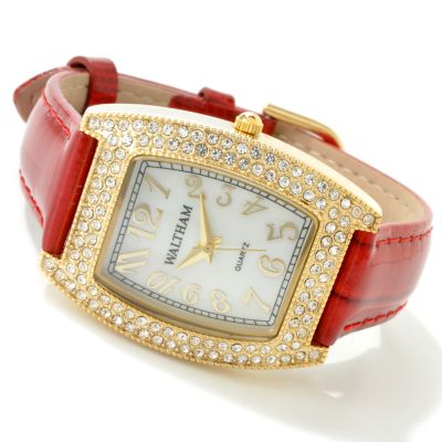 Waltham Women's Crystal Accent Iced Teju-Pattern Leatherette Strap Watch