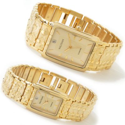 J177547 - Waltham Men's and Women's Set of Two Gold-tone Textured Bracelet Watches