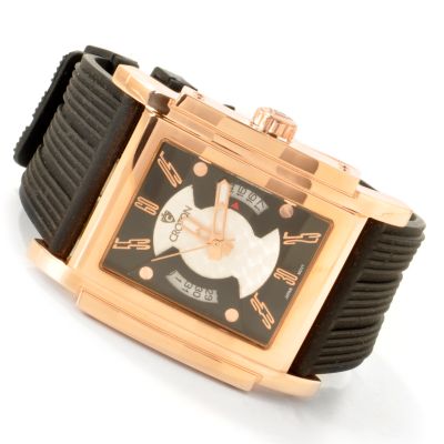 Croton Men's Two-Level Rectangular Stainless Steel Case Rubber Strap Watch