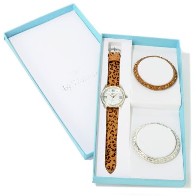 J178972 - "W" by Waltham Women's Uptown Chic Quartz Leather Strap Watch w/ Two Bangles