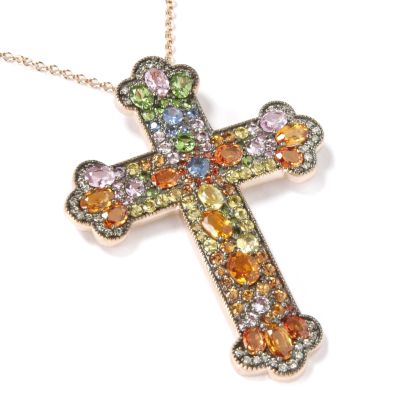 14K RG/WG Multi-Sapphire & Diamond or Ceylon Sapphire Cross Pendant w/Chain