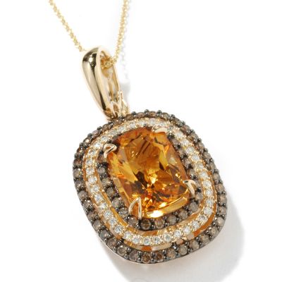14K Citrine, Chocolate Diamond & White Diamond Pendant w Chain