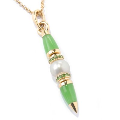 14K Jade, Tsavorite & Cultured Freshwater Pearl Pendant w/ Chain