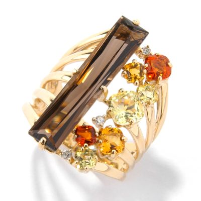 14K Gold Baguette Smoky Quartz, Citrine & Diamond Ring