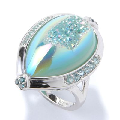 14K WG Ice Blue Agate Druzy, Apatite & Diamond Ring
