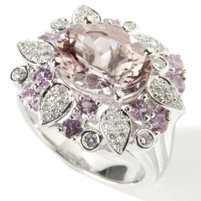 18K White Gold Peach Beryl, Pink Sapphire & Diamond Ring