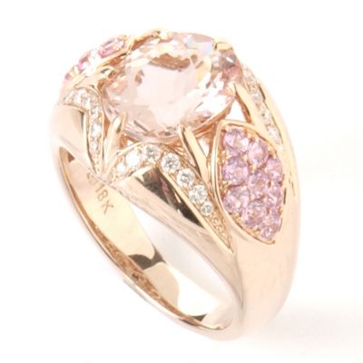 18K Rose Gold Peach Beryl, Pink Sapphire & Diamond Ring