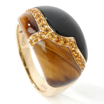 14K Gold Tiger Eye, Onyx & Citrine Ring