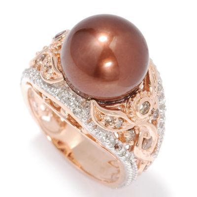 14K Rose Gold Cultured Tahitian Pearl & White / Chocolate Diamond Ring