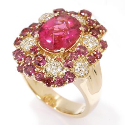 18K Gold Rubellite, Garnet & Diamond Ring