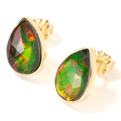 14K Gold Pear Shaped Faceted Ammolite Earrings