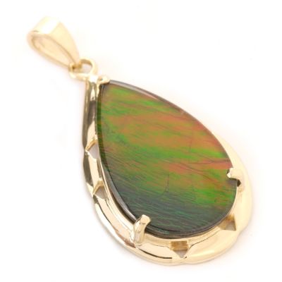 14K Gold Pear Shape Ammolite Pendant